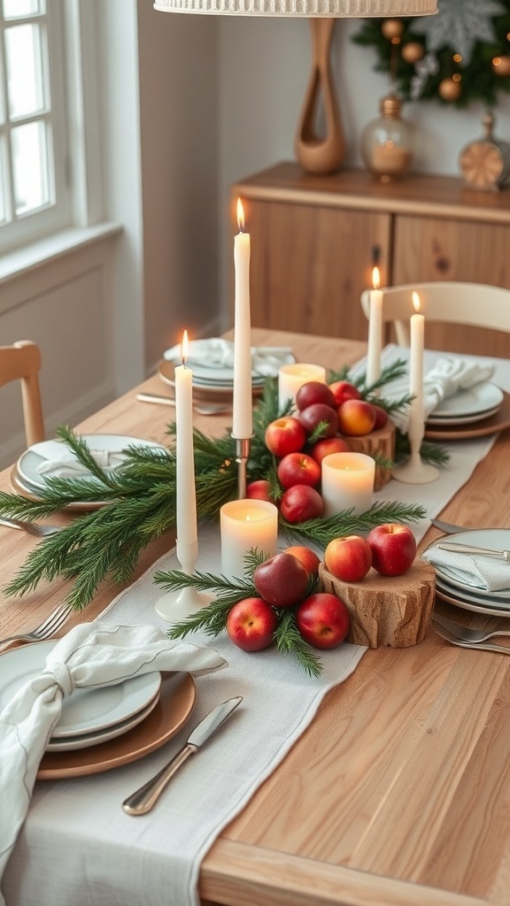 Nordic-inspired Christmas table setting with natural wood, linen runner, pine branches, and candles.